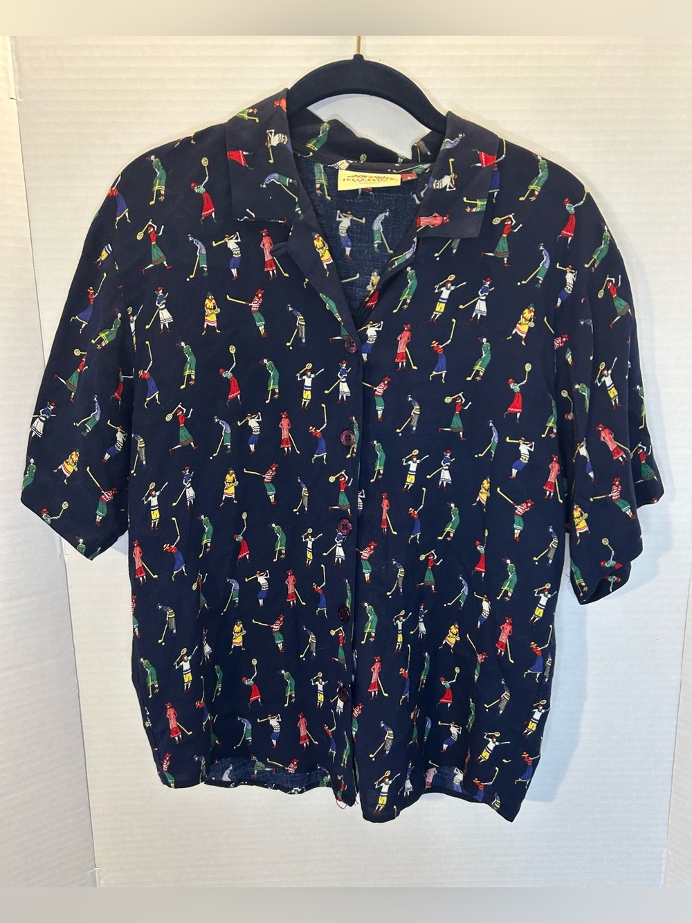 VTG Women’s Golf All Over Print Button Up Shirt Size 6 Blue Short Sleeve USA